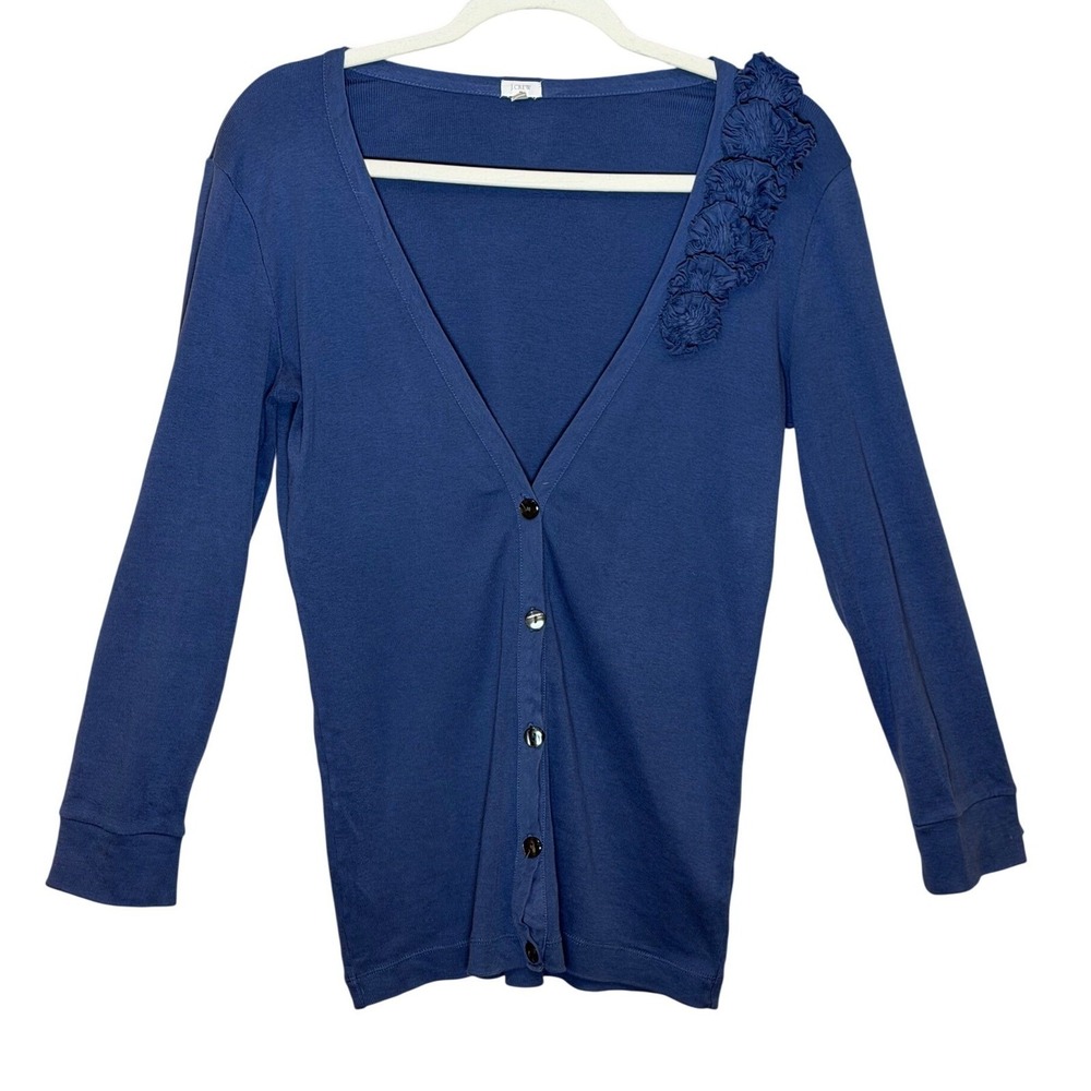 J.Crew Women Cardigan Blue Small Sweater Preppy Coastal Ruffle Coquette Casual - Picture 2 of 7